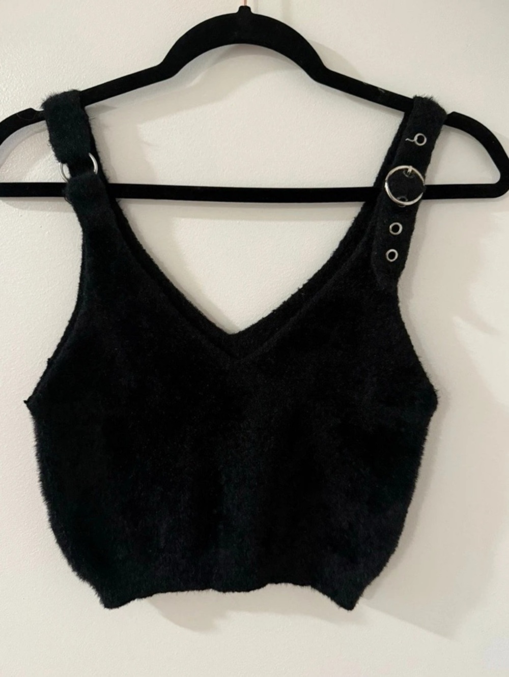 Black Faux Fur V-Neck Crop Top